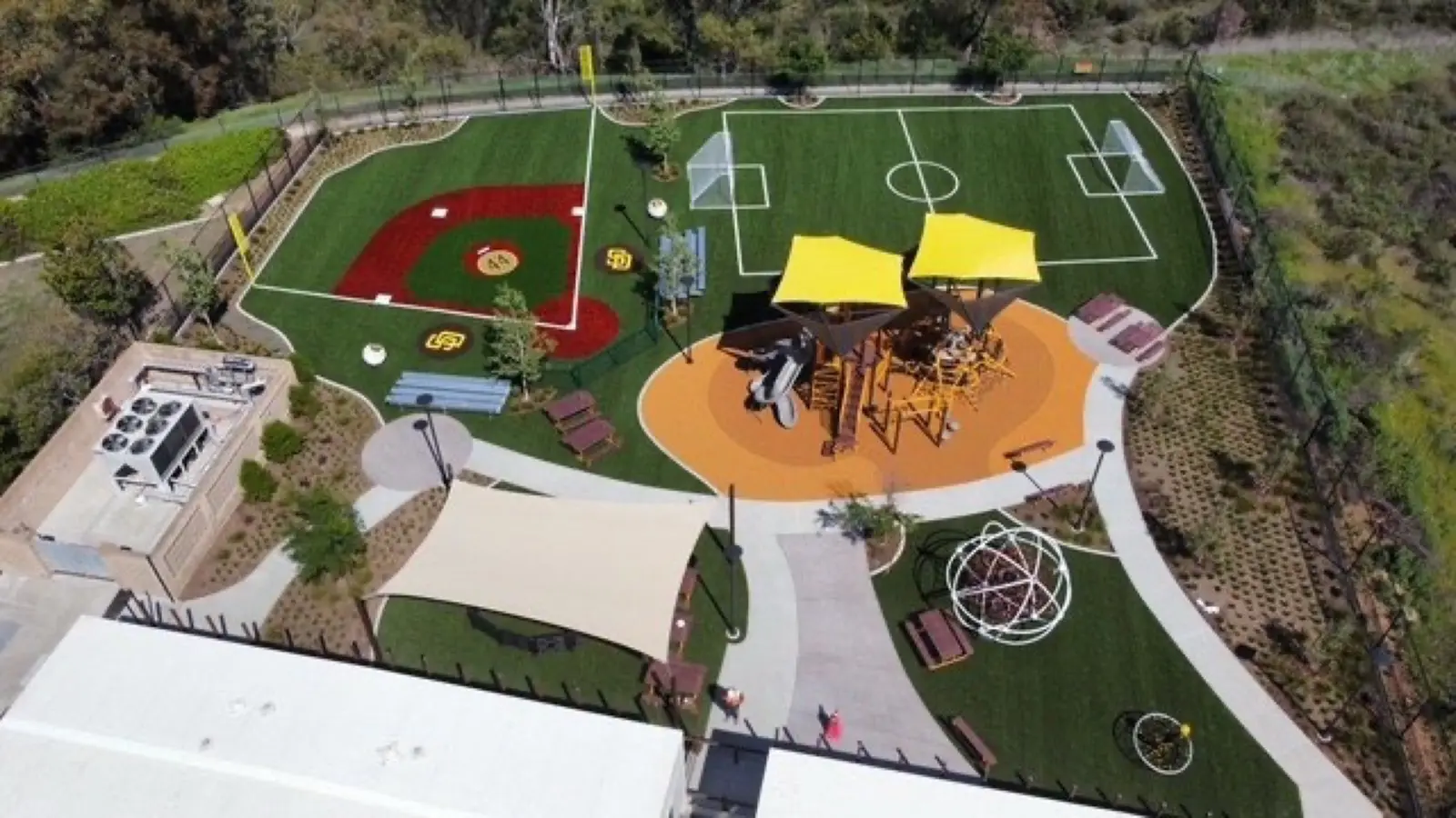 Aerial of completed athletic field, playground, and splash pad