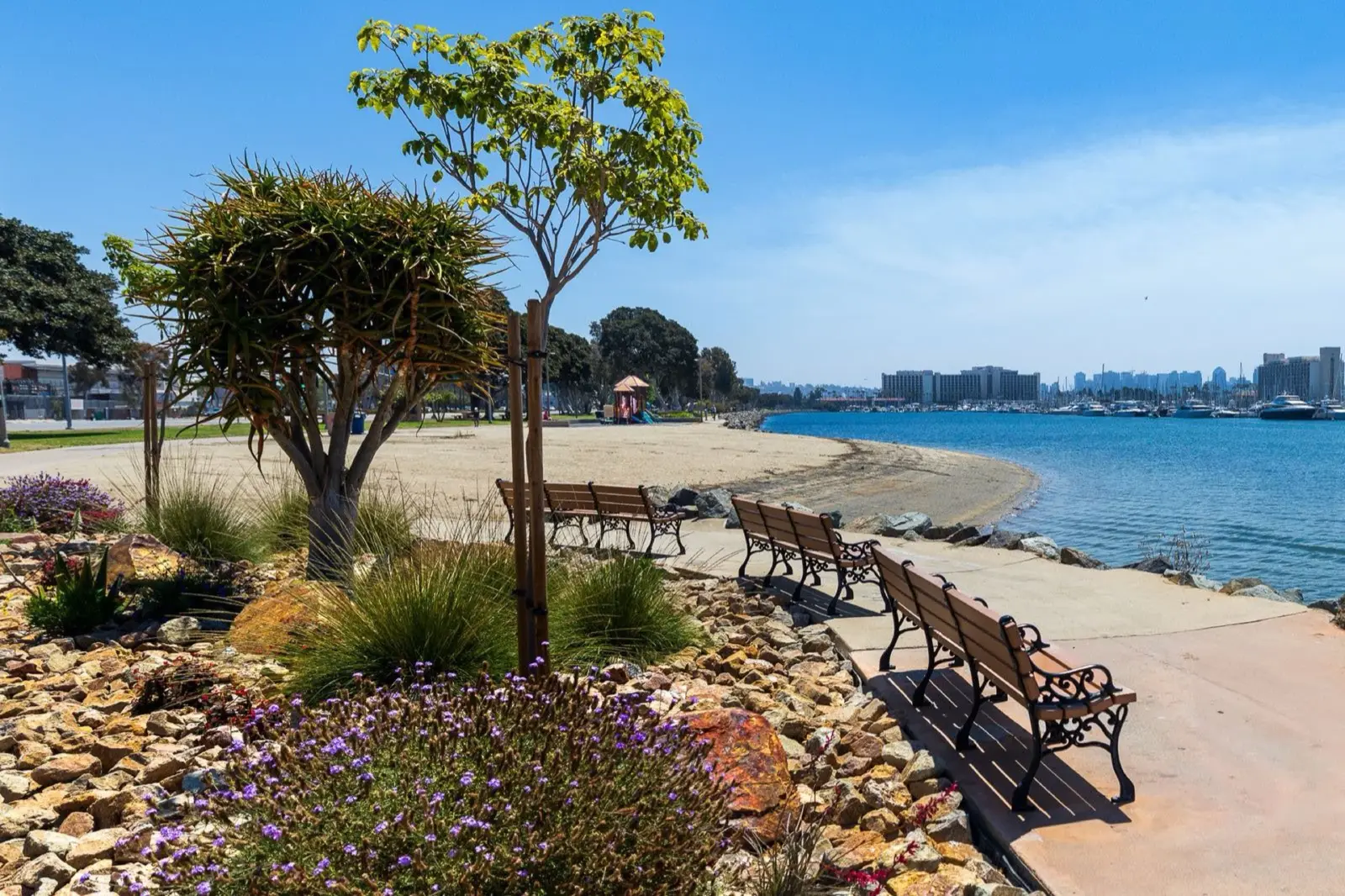 Public bay walkway with hardscape and landscape