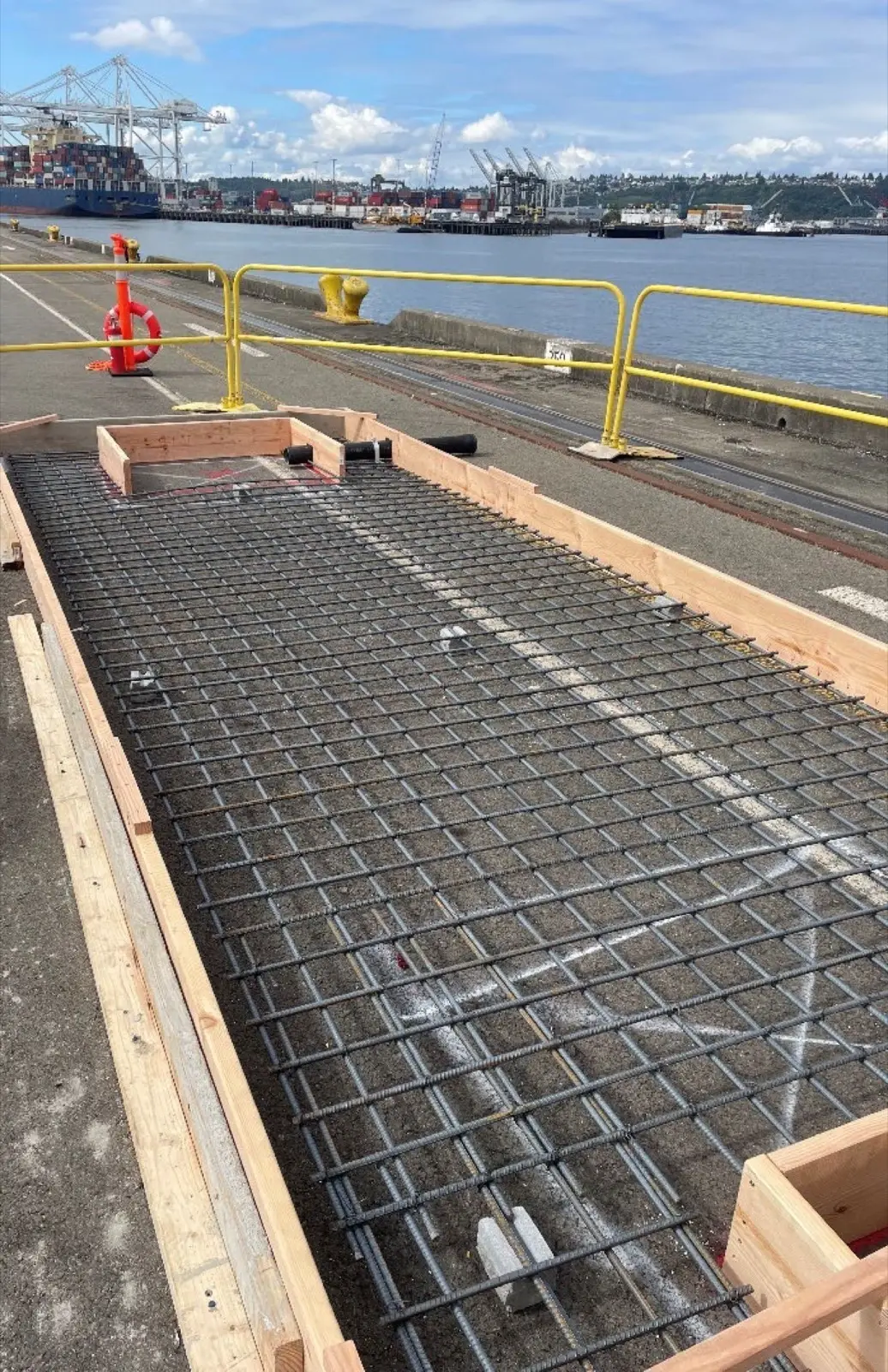 Heavy rebar grid and formwork on a port site